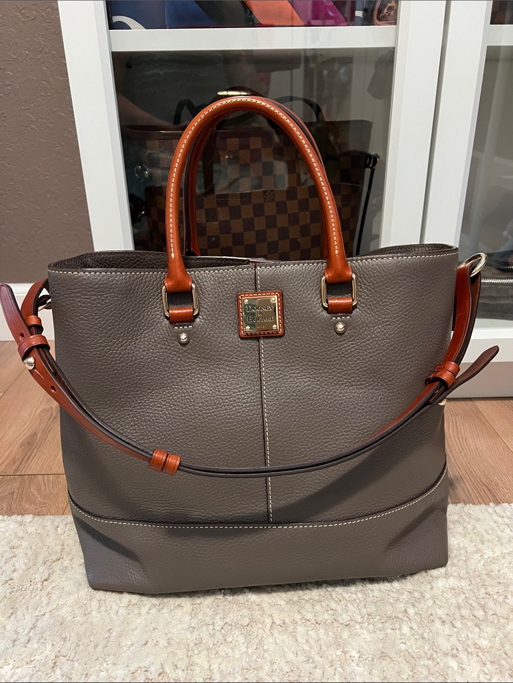 Dooney & Bourke Gray Pebble Leather Tote with Brown Trim